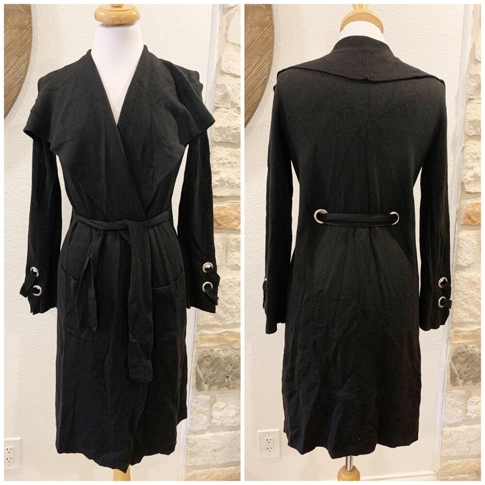 Dynamite Long Belted Cardigan Sweater Shawl Collar Black XS